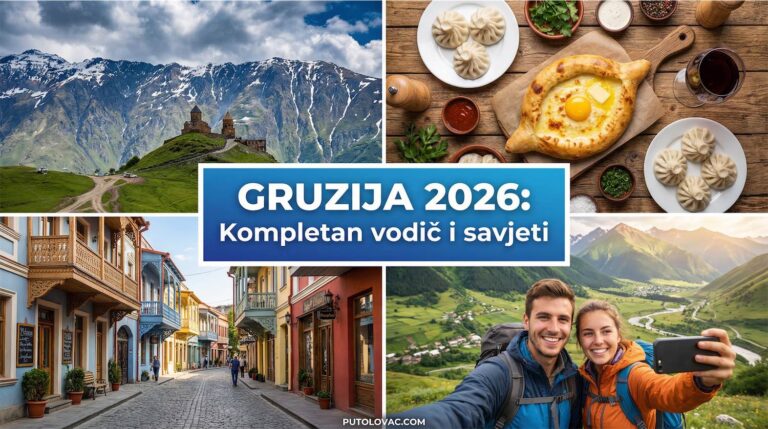 Kolaž fotografija iz Gruzije: crkva Gergeti na Kavkazu, tradicionalna gruzijska hrana, ulice starog Tbilisija i nasmijani par na putovanju – vodič za Gruziju 2026.