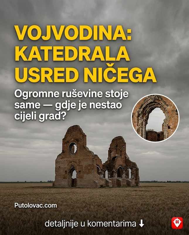 Katedrala usred praznog polja pšenice koja stoji bez sela i bez ljudi