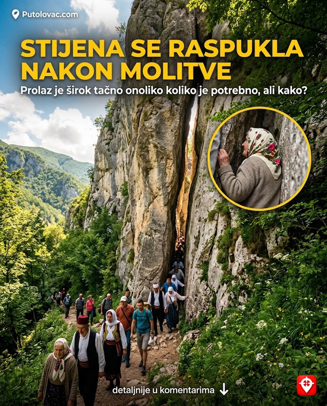 Ajvatovica kod Bugojna: Stijena koja se raspukla na pola nakon molitve jednog starca, ali rupa u stijeni je široka tačno onoliko koliko… – Najveće dovište u Evropi. Legenda kaže da je Ajvaz-dedo molio 40 jutara za vodu, nakon čega se stijena raspukla. Prolaz je širok oko 70 cm, tačno onoliko koliko je potrebno da prođe odrastao čovjek.