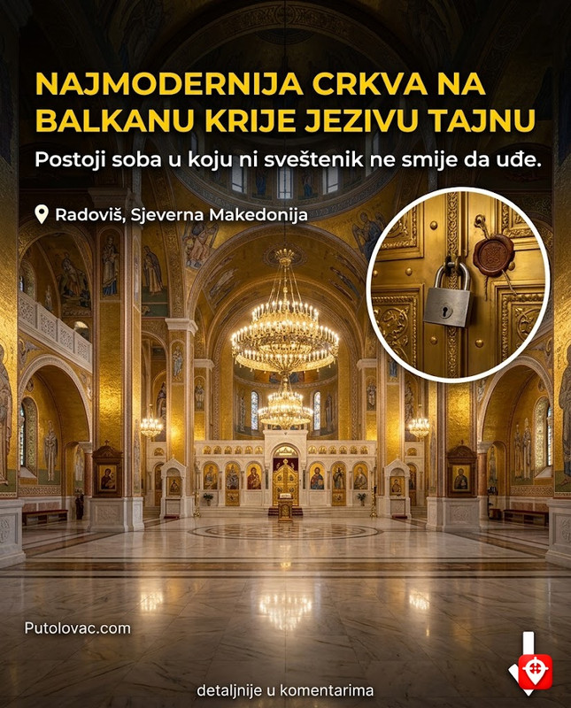 Crkva Sv. Trojice u Radovišu: Najmodernija crkva na Balkanu obložena zlatom, ali unutra postoji jedna prostorija u koju niko, pa ni sveštenik, ne smije da uđe. – Jedna od najluksuznijih crkava, zadužbina biznismena Riste Guščerova. Unutrašnjost je od mermera i zlata. “Zabranjena soba” je zapravo kripta osnivača koja je zapečaćena po njegovoj želji.