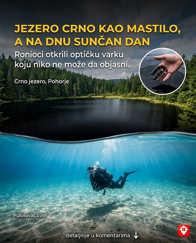 Crno jezero na Pohorju: Voda koja je crna kao mastilo zbog treseta, ali ronioci kažu da je na dnu jezera svijetlo kao usred dana. - Jezero je okruženo tresetnim močvarama koje vodi daju tamnu boju. Ipak, voda je kristalno čista, pa se svjetlost pod vodom lomi na način koji stvara nevjerovatnu vidljivost, uprkos mraku koji se vidi sa površine.