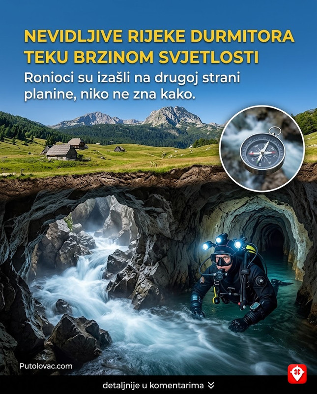 Durmitor, nevidljive rijeke: Voda koja teče kroz utrobu planine brzinom svjetlosti, a ronioci koji su pokušali da je prate, izašli su na drugoj strani… – Durmitor je pun ponornica. Rijeka koja ponire u Žabljaku izlazi u kanjonu Tare kao vrelo. Put vode kroz podzemlje je nevjerovatno brz i opasan, a ronioci su istražili samo male dijelove ovih kanala.