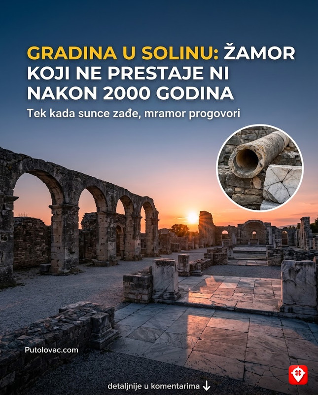 Gradina u Solinu: Ruševine antičke prestonice Dalmacije gdje se ispod mermera i dalje čuje žamor 60.000 ljudi, ali samo u sumrak. - Salona je bila jedan od najvećih gradova Rimskog carstva. Danas su vidljivi amfiteatar, bazilike i terme. Specifična akustika ruševina u sumrak stvara eho koji podsjeća na ljudske glasove, što je čest fenomen u velikim arheološkim parkovima.