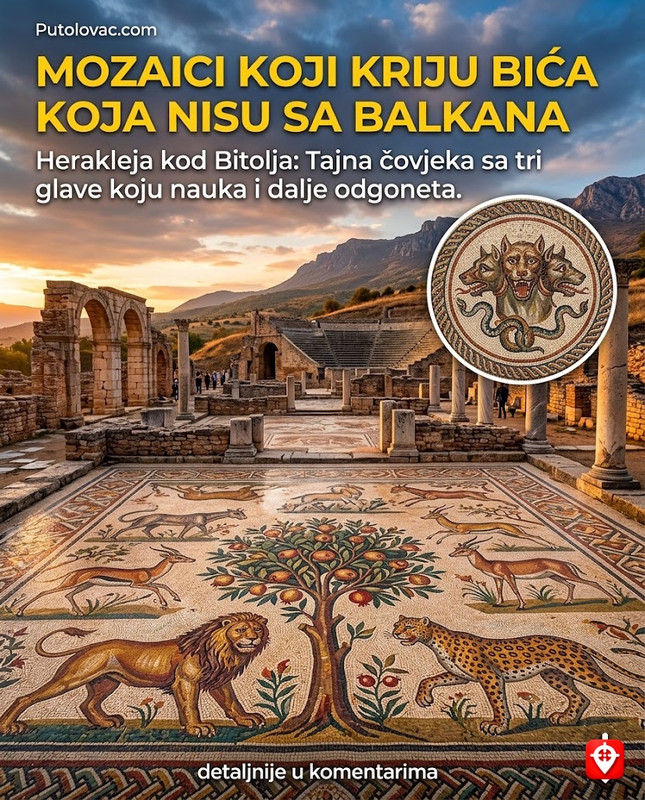 Herakleja kod Bitolja: Mozaici koji prikazuju životinje koje nikada nisu postojale na Balkanu, a jedan mozaik prikazuje čovjeka sa tri glave. – Antički grad Heraclea Lyncestis. Mozaici u bazilici su vrhunsko djelo. Prikazuju lavove, geparde i mitska bića (poput Kerbera sa tri glave) koji simbolizuju hrišćanske dogme i pobjedu nad zlom.