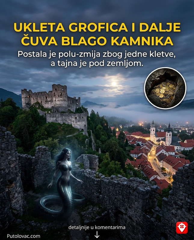 Kamnik i ukleta grofica Veronika: Legenda o ženi koja se pretvorila u polu-zmiju jer nije htjela da da novac za crkvu, a njeno blago i dalje… – Kamnik je jedan od najstarijih gradova. Veronika je simbol grada, prikazana kao polu-žena polu-zmija na grbu. Legenda kaže da ona i dalje čuva blago ispod Malog grada i čeka oslobođenje od kletve.