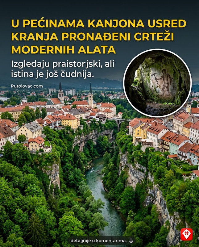 Kanjon rijeke Kokre u Kranju: Priroda usred grada, ali u pećinama kanjona su pronađeni crteži koji prikazuju ljude sa modernim alatima. – Kanjon dubok 30 metara u samom centru Kranja. Crteži su zapravo grafiti iz perioda Drugog svjetskog rata kada su pećine služile kao skloništa, ali su vremenom dobili patinu koja ih čini sličnim praistorijskim nalazima.