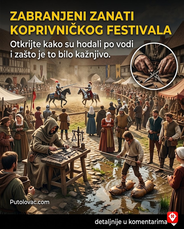 Koprivnica, renesansni festival: Tajne starih zanata koje su bile zabranjene zakonom, a jedan od njih je omogućavao ljudima da hodaju po vodi. – Festival oživljava srednjovjekovnu istoriju. “Hodanje po vodi” se odnosi na stare vještine pravljenja splavova od mjehova životinja i specifične obuće koju su koristili ribari na Dravi da bi se kretali kroz močvare.