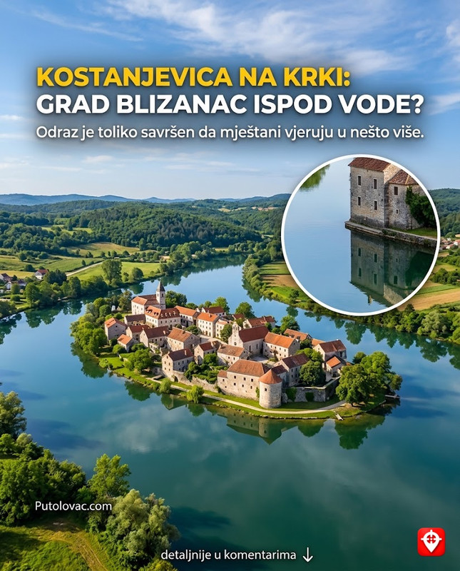 Kostanjevica na Krki: "Slovenačka Venecija" na ostrvu, ali voda oko ostrva nikada ne teče, ona stoji mirno kao ogledalo koje krije... - Najmanji i jedini grad na ostrvu u Sloveniji. Rijeka Krka ovdje pravi spori zavoj. Zbog dubine i mira vode, odraz grada je toliko savršen da je teško razlikovati stvarnost od refleksije, što je inspirisalo priče o "gradu blizancu" ispod vode.