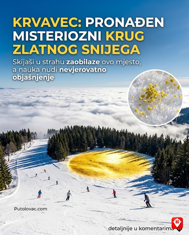 Krvavec, skijalište iznad oblaka: Mjesto gdje se skija na suncu, ali u šumi pored staze postoji krug u kojem snijeg uvijek ima boju zlata. – Popularno skijalište kod Ljubljane. “Zlatni snijeg” je pojava uzrokovana polenom određenih vrsta četinara koji se skuplja na snijegu u proljeće, stvarajući intenzivno žute mrlje koje sijaju na suncu.