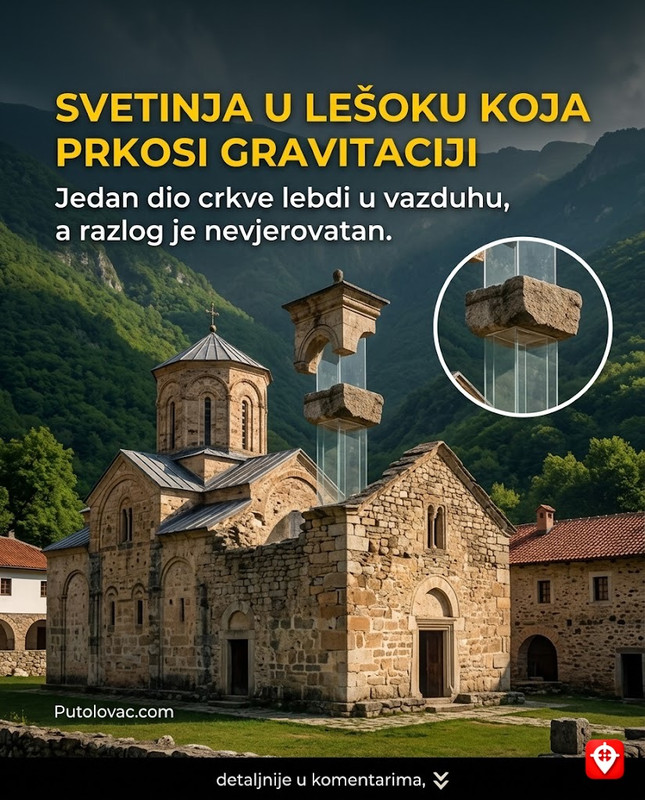 Manastir Sv. Atanasije u Lešoku: Svetinja koja je dignuta u vazduh pa ponovo sastavljena, ali jedan dio crkve je ostao da lebdi u vazduhu. – Manastir je bio teško oštećen u sukobima 2001. godine. Rekonstrukcija je urađena vrhunski. “Lebdeći dio” je arhitektonski element koji je postavljen na prozirne nosače kako bi se naglasio originalni kamen koji je preživio eksploziju.