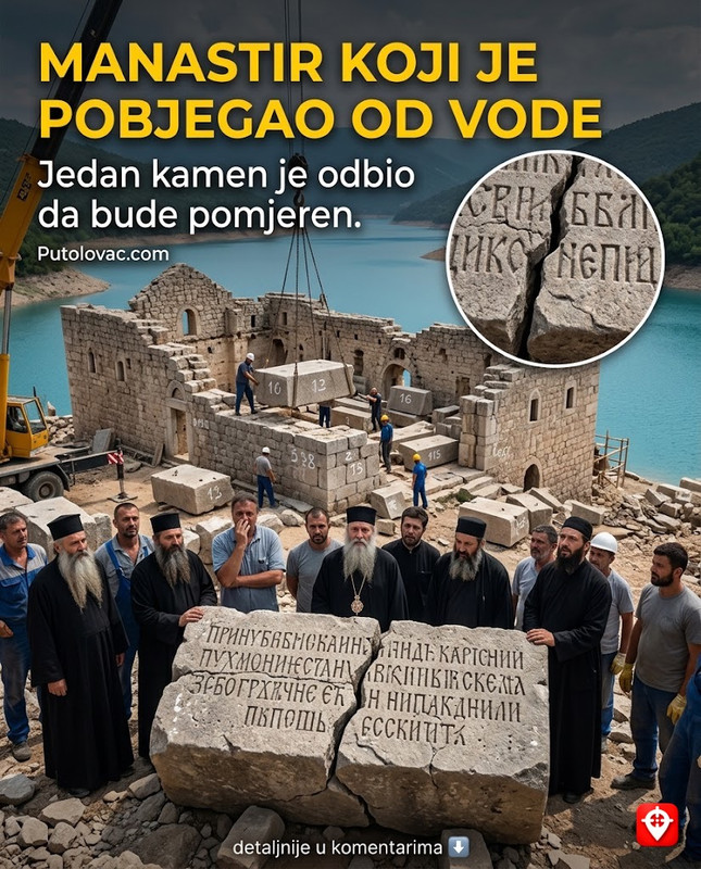 Manastir Dobrićevo kod Bileće: Svetinja koja je "pobjegla" od vode tako što je premještena kamen po kamen, ali jedan kamen je odbio da bude pomjeren. - Manastir iz 13. vijeka premješten je 1964. zbog izgradnje jezera. Svaki kamen je numerisan i vraćen na isto mjesto. Jedan blok sa natpisom je navodno pukao tokom transporta, što je narod protumačio kao otpor svetinje seobi.