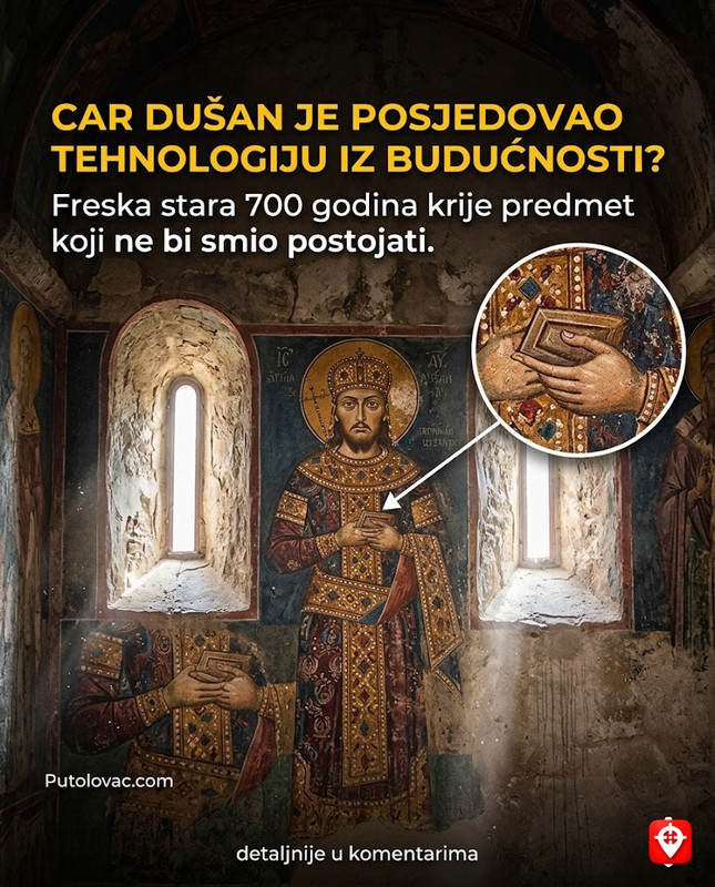 Manastir Dobrun: Freske cara Dušana u kanjonu Rzava, ali na jednoj slici car drži predmet koji je izumljen tek 500 godina kasnije. - Manastir kod Višegrada iz 14. vijeka. Freske su jedinstvene jer prikazuju srpsku vlastelu. "Sporni predmet" je zapravo simbol vladarske moći (akakija) koji neukom oku može ličiti na modernu torbicu ili uređaj.