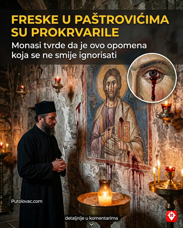 Manastir Duljevo u Paštrovićima: Freske koje krvare, a monasi kažu da se to dešava svaki put kada je mir na Balkanu ugrožen. – Manastir iz 14. vijeka. “Krvarenje” fresaka je pojava kondenzacije vlage koja rastvara crvene pigmente u starim slojevima boje, što se u narodu tumači kao loš predznak ili opomena.