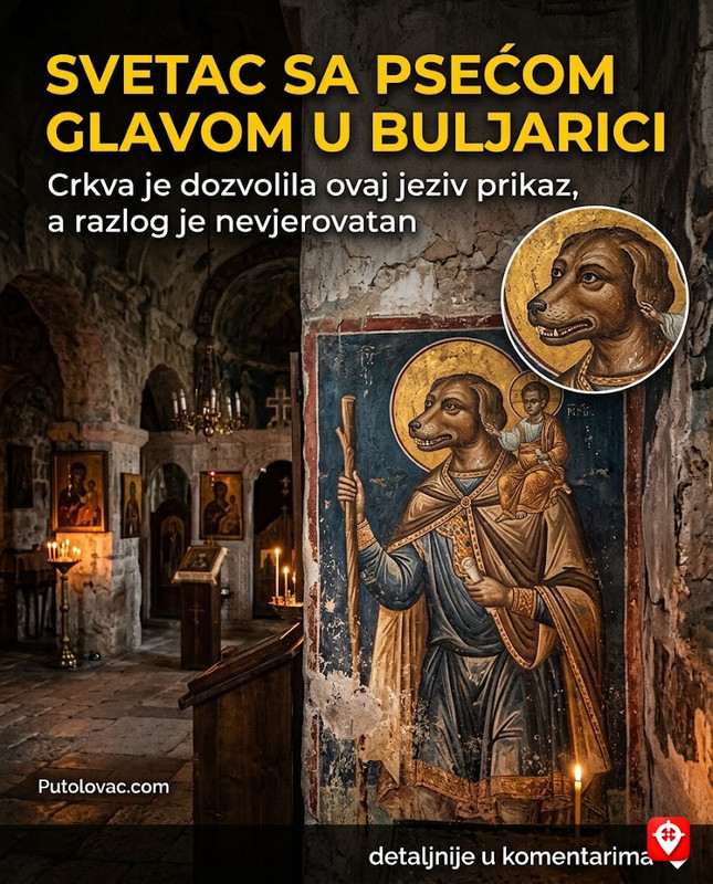 Manastir Gradište: Freska Svetog Hristifora sa psećom glavom – zašto je crkva dozvolila ovakav prikaz i šta on zapravo poručuje? – Manastir u Buljarici. Prikaz Svetog Hristifora kao “psoglavca” je rijedak ikonografski motiv zasnovan na starim legendama o plemenu ljudoždera. Crkva je to dozvolila kao simbol preobraćenja i najokrutnijih bića u hrišćanstvo.