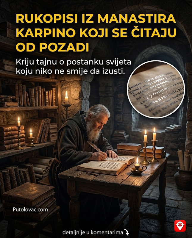 Manastir Karpino na Kozjaku: Svetinja gdje su pisani rukopisi koji se mogu čitati samo od pozadi, a njihovo značenje otkriva tajnu o postanku svijeta. – Manastir iz 14. vijeka. Bio je poznat po prepisivačkoj školi. “Obrnuti rukopisi” su zapravo šifrovani tekstovi pisani specifičnim kriptografskim ključem koji su koristili monasi da bi sakrili znanje od osvajača.