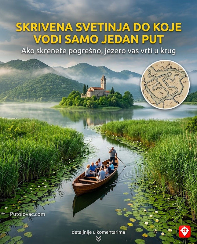 Manastir Kom na Skadarskom jezeru: Skrivena svetinja do koje se može samo čamcem, ali ako ne znate pravi put, jezero će vas odvesti u krug. – Manastir na ostrvu (nekada brdu) na rubu jezera. Okružen je močvarom i gustim tršćacima. Bez iskusnog čamdžije, lavirint kanala u jezeru čini manastir praktično nevidljivim i nepristupačnim.