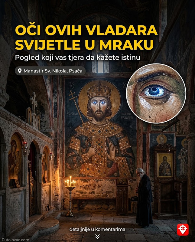 Manastir Sv. Nikola u Psači: Freske sa portretima vladara koji imaju plave oči koje svijetle u mraku, a njihov pogled vas tjera da kažete istinu. – Manastir kod Rankovca. Freske iz 14. vijeka su nevjerovatno realistične. Specifična boja očiju (sa primjesom srebra) reflektuje i najmanji izvor svjetlosti, stvarajući utisak da vas oči prate po cijeloj crkvi.