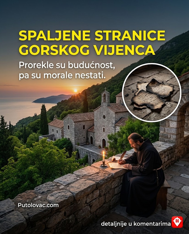 Manastir Podmaine: Ovdje je napisan “Gorski vijenac”, ali originalni rukopis je imao još deset strana koje su spaljene jer su predviđale budućnost. – Manastir kod Budve. Njegoš je tu pisao svoja najvažnija djela. Priča o spaljenim stranicama je legenda o Njegoševoj vidovitosti i strahu tadašnjih vlasti od njegovih političkih proročanstava.