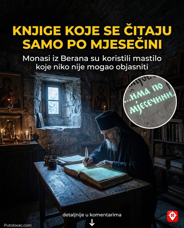 Manastir Šudikova kod Berana: Tajna prepisivačka škola gdje su monasi pisali knjige koje su se mogle čitati samo pod svjetlošću punog mjeseca. - Manastir je bio centar pismenosti u 16. vijeku. Legenda o "mjesečevim knjigama" potiče od specifičnog mastila koje je imalo fosforna svojstva i postajalo vidljivije u mraku nego na suncu.
