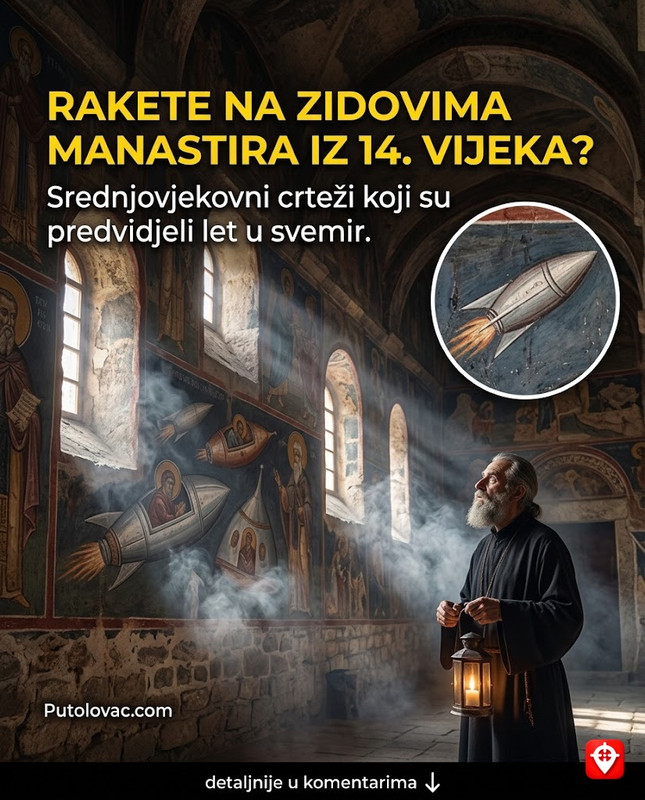 Markov manastir kod Skoplja: Svetinja gdje se na zidovima nalaze crteži koji predviđaju letove u svemir. – Manastir Sv. Dimitrija. Freske su poznate po neobičnim detaljima. Jedna scena prikazuje biblijske događaje sa objektima koji modernim ljudima liče na rakete ili kapsule, što je česta tema pseudoarheoloških teorija.
