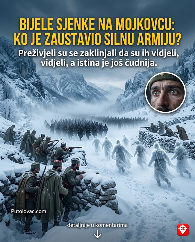 Mojkovačka bitka: Mjesto gdje je šačica ljudi zaustavila armiju, ali preživjeli su tvrdili da su vidjeli bijele sjenke kako stoje ispred njih. – Bitka iz 1916. godine. Crnogorska vojska je zaštitila povlačenje srpske vojske. Priče o “bijelim sjenkama” su zapravo opisi vojnika u maskirnim bijelim ogrtačima koji su se nevidljivo kretali kroz snijeg.
