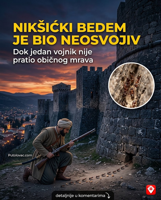 Nikšićki Bedem: Tvrđava koja je bila neosvojiva, ali jedan vojnik je ušao unutra kroz rupu koju je napravio običan mrav. - Tvrđava Onogošt. Legenda kaže da je turska vojska uspjela da uđe prateći mrave koji su nosili mrvice hljeba kroz pukotinu u zidu, što je otkrilo slabost u konstrukciji bedema.