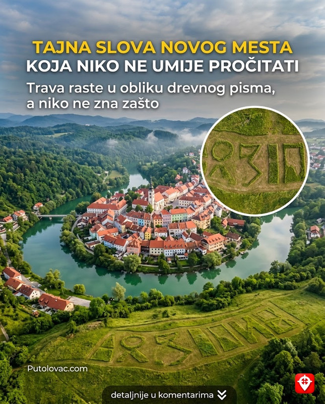 Novo Mesto na sedam brda: Grad u zagrljaju rijeke Krke, ali na jednom brdu trava raste u obliku slova koja niko ne umije da pročita. – Grad je osnovao nadvojvoda Rudolf IV. “Slova u travi” su ostaci starih temelja i zidova koji su prekriveni tankim slojem zemlje, pa trava na tim mjestima raste drugačije, formirajući obrise koji liče na pismo.