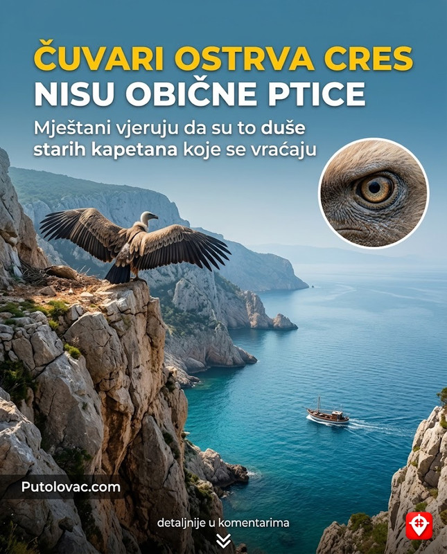 Ostrvo Cres: Litice gdje bjeloglavi supovi čuvaju stražu, ali mještani kažu da te ptice nisu obične životinje već duše starih kapetana. – Cres je jedno od rijetkih staništa bjeloglavih supova. Ptice gnijezde na liticama iznad mora. Legenda o dušama kapetana potiče od činjenice da supovi prate brodove i “nadgledaju” plovidbu sa visine.