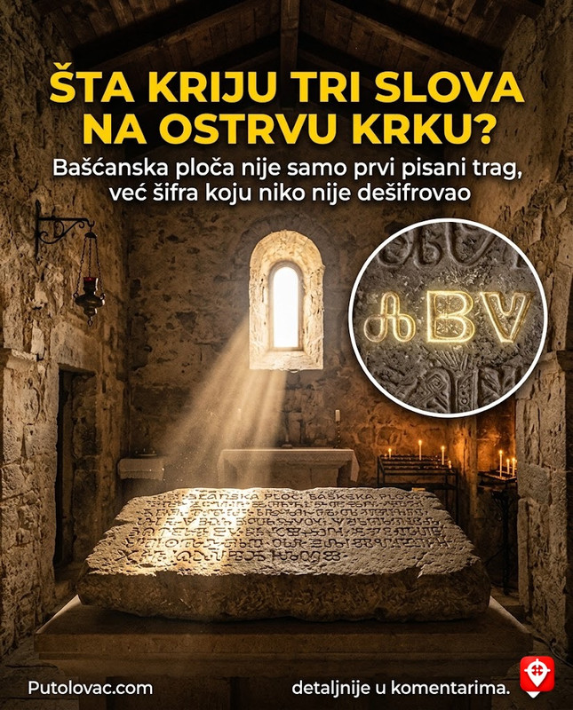 Ostrvo Krk: Bašćanska ploča, prvi pisani trag, ali tri slova na njoj su isklesana tako da mijenjaju značenje cijele istorije. - Ploča iz 1100. godine pisana glagoljicom. Nalazila se u crkvi Sv. Lucije. Postoje teorije da su određeni simboli na ploči šifrovane poruke o skrivenom blagu templara koji su boravili na ostrvu.