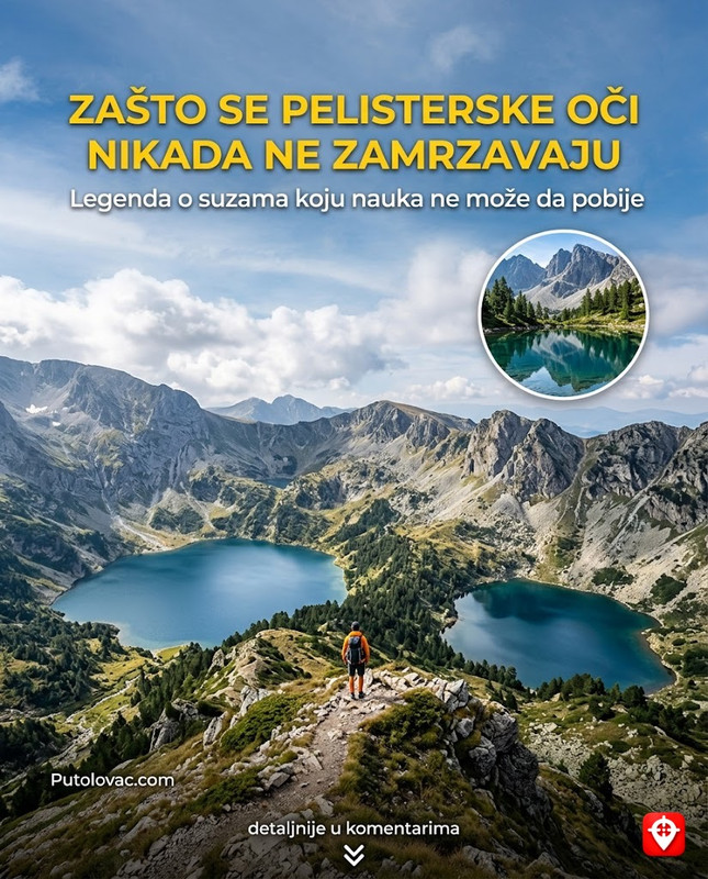 Pelisterske oči: Dva planinska jezera koja izgledaju kao savršeni krugovi, a mještani kažu da su to suze jedne djevojke koje se nikada ne zamrzavaju. – Veliko i Malo jezero na planini Pelister. Zbog velike dubine i specifičnog sastava vode, jezera se zamrzavaju mnogo kasnije od ostalih planinskih voda, što je narod povezao sa “toplinom” suza iz legende.