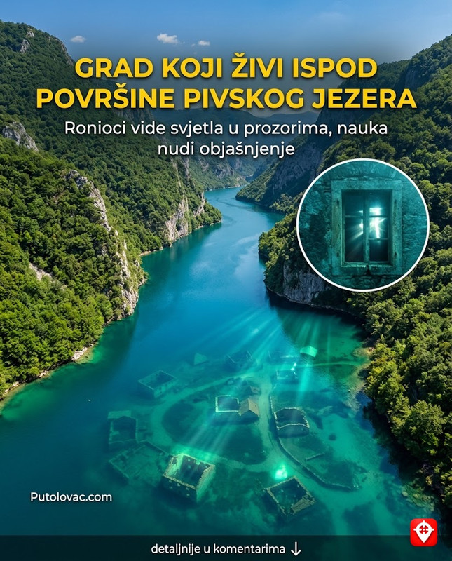 Pivsko jezero: Najveći rezervoar pitke vode koji krije potopljeni grad, a ronioci tvrde da su vidjeli svjetla u prozorima kuća na dnu. – Vještačko jezero nastalo pregrađivanjem kanjona Pive. Stari grad Plužine je potpuno potopljen. “Svjetla” su refleksije sunca kroz bistru planinsku vodu koje padaju na stakla potopljenih objekata.