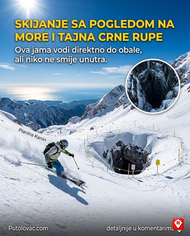 Planina Kanin: Jedino mjesto gdje možete skijati dok gledate u more, ali na vrhu postoji rupa koja vodi direktno do jadranske obale. – Skijalište na granici sa Italijom na 2300 mnv. “Rupa” je zapravo duboka kraška jama (jedna od najdubljih u Evropi) koja je dio ogromnog podzemnog sistema koji se spušta sve do izvora u dolini Soče.