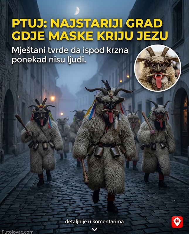 Ptuj, najstariji grad: Mjesto gdje kurenti nose maske koje plaše zimu, ali lokalci kažu da ispod tih maski ponekad nisu ljudi. – Ptuj ima istoriju dugu 2000 godina. Kurentovanje je pod UNESCO zaštitom. Maske su od ovčije kože sa jezicima od kože i rogovima. Legenda o “bićima ispod maski” potiče od paganskih korijena ovog običaja.