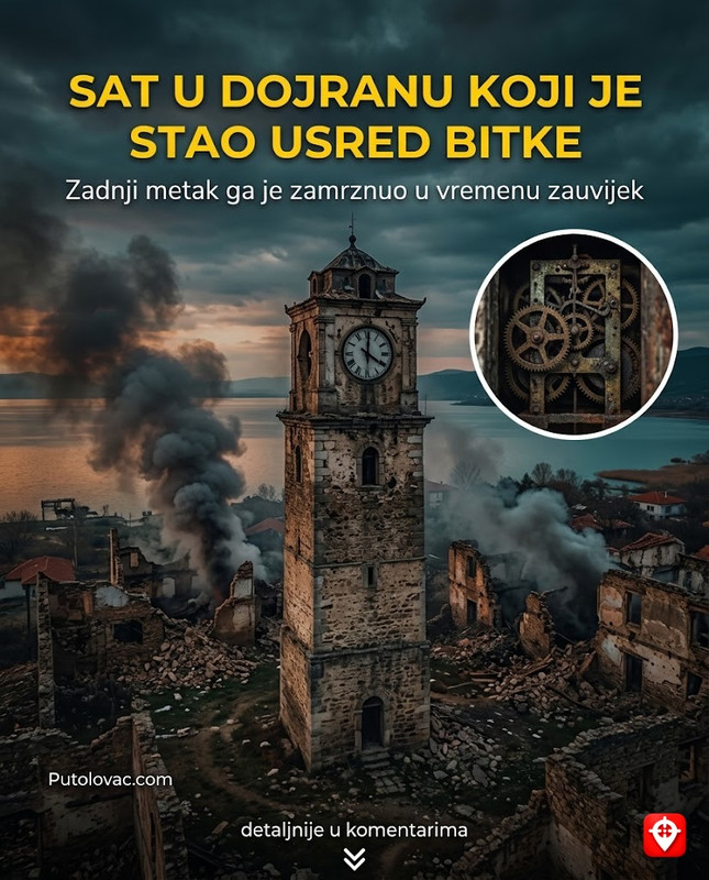 Sahat-kula u Dojranu: Građevina koja je preživjela kišu granata u Prvom svjetskom ratu, ali sat na njoj je stao u trenutku kada je ispaljen posljednji metak. - Dojran je bio na samoj liniji Solunskog fronta i potpuno je uništen. Sahat-kula je jedina ostala da stoji. Sat je prestao da radi 1918. godine i mehanizam nikada nije popravljen u znak sjećanja.