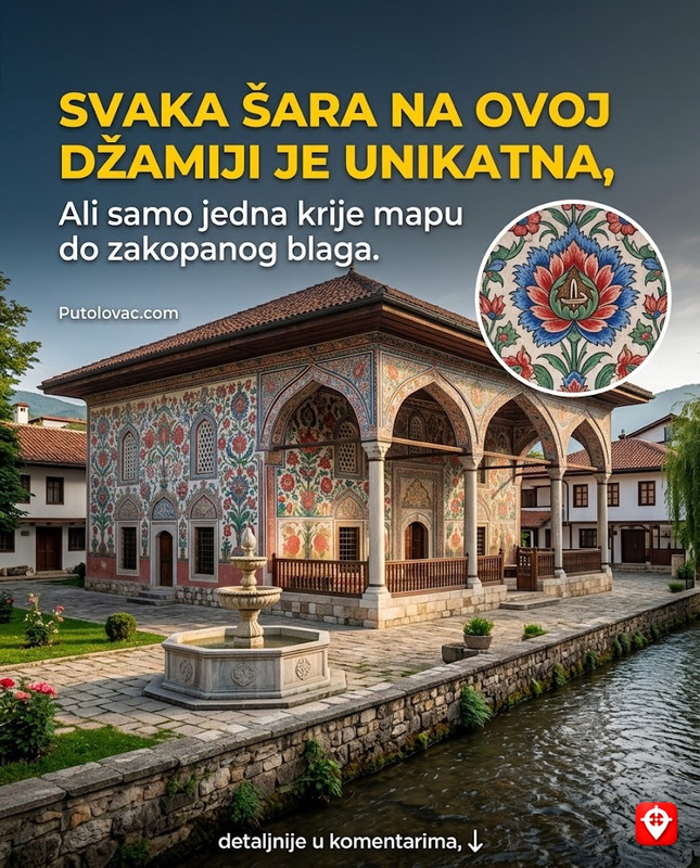 Šarena džamija u Tetovu: Remek-djelo gdje je svaka šara unikatna, ali jedna šara krije mapu do mjesta gdje je sakriveno blago. – Aladža džamija je oslikana sa 30.000 jaja korišćenih za boju. Šare su cvjetne i geometrijske. Legenda o mapi je povezana sa činjenicom da je džamiju finansirala porodica koja je dio svog bogatstva sakrila u zidine tokom ratova.