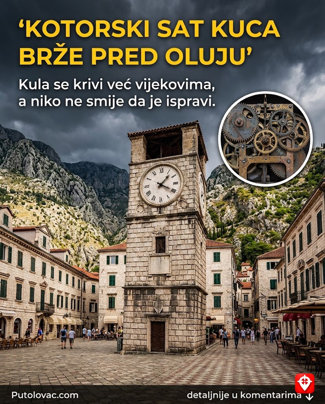 Sat-kula u Kotoru: Građevina koja se nakrivila nakon zemljotresa i odbija da se vrati u centar, a sat na njoj kuca brže kada se sprema oluja. - Barokna kula na Trgu od oružja. Zbog mekog tla, nagnuta je na jednu stranu. Satni mehanizam reaguje na promjenu vazdušnog pritiska i vlažnosti, što uzrokuje sitna odstupanja u radu prije nevremena.
