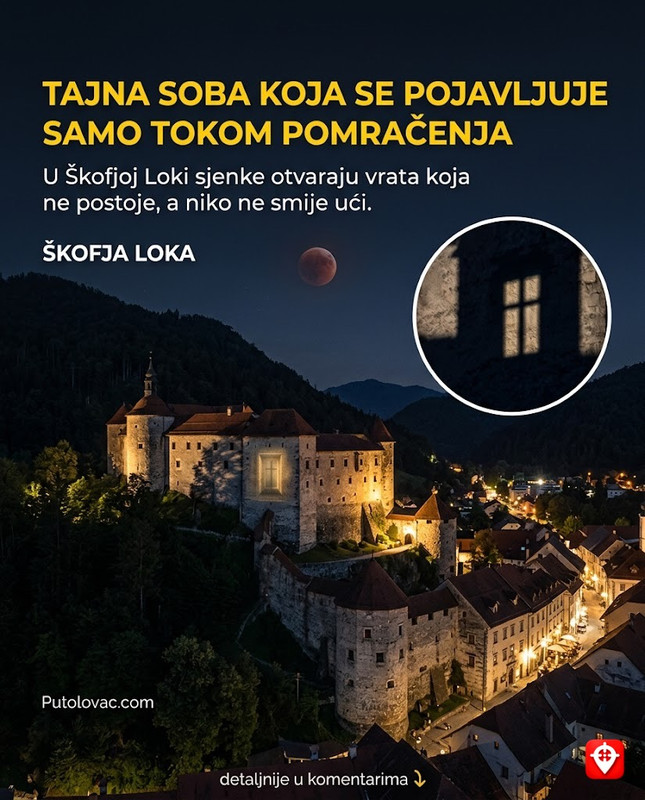 Škofja Loka, srednjovjekovni biser: Grad sa tri dvorca, ali u jednom od njih postoji soba koja se pojavljuje samo tokom pomračenja mjeseca. – Grad sa najbolje očuvanim srednjovjekovnim jezgrom. Legenda o sobi je povezana sa sjenkama koje bacaju okolna brda na dvorac Loka tokom astronomskih pojava, stvarajući iluziju novih otvora u zidovima.