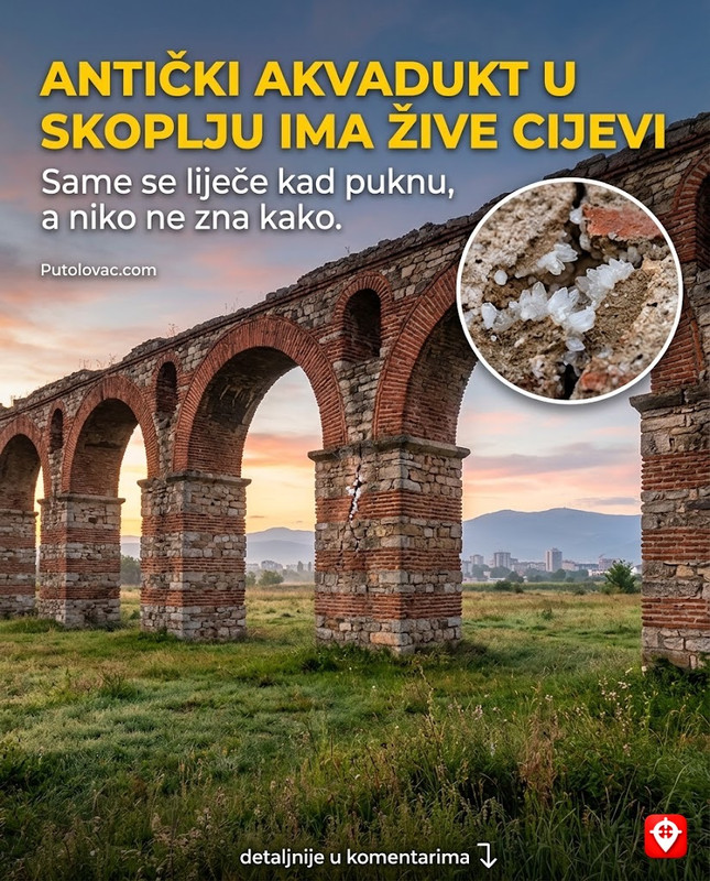 Skoplje, antički akvadukt: Građevina koja je dovodila vodu iz planina, ali cijevi su napravljene od materijala koji se sam obnavlja kada pukne. – Rimski ili vizantijski akvadukt građen od cigle i kamena. “Samoobnavljanje” je svojstvo starog rimskog betona i maltera koji u kontaktu sa vodom i CO2 stvara nove kristale kalcita koji popunjavaju pukotine.