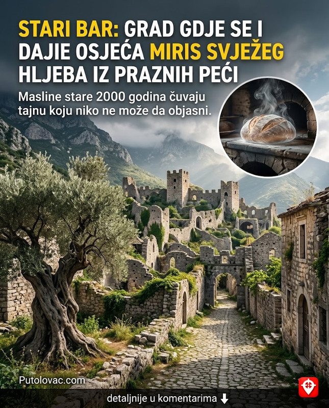 Stari Bar, grad duhova: Mjesto gdje masline stare 2000 godina pričaju priče, ali u jednoj ulici se i dalje osjeća miris svježeg hljeba iz praznih peći. – Napušteni grad na brdu iznad Bara. Stara maslina na Mirovici je jedna od najstarijih na svijetu. Miris hljeba je fenomen koji nastaje isparavanjem eteričnih ulja mediteranskog bilja u uskim, toplim kamenim ulicama.