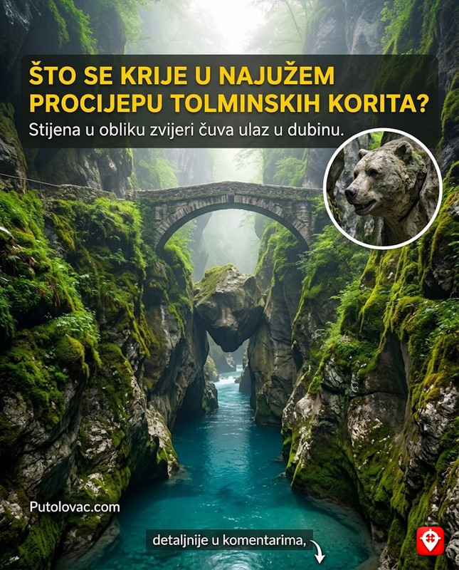 Tolminska korita i Đavolji most: Najniža tačka nacionalnog parka gdje voda teče kroz procijep širok samo pola metra, a u dubini se vidi… – Najniži ulaz u Triglavski nacionalni park. Đavolji most se nalazi 60 metara iznad modre rijeke Tolminke. U dubini uskog kanjona se nalazi “Medvjeđa glava” – zaglavljena stijena koju je voda oblikovala u lik zvijeri.