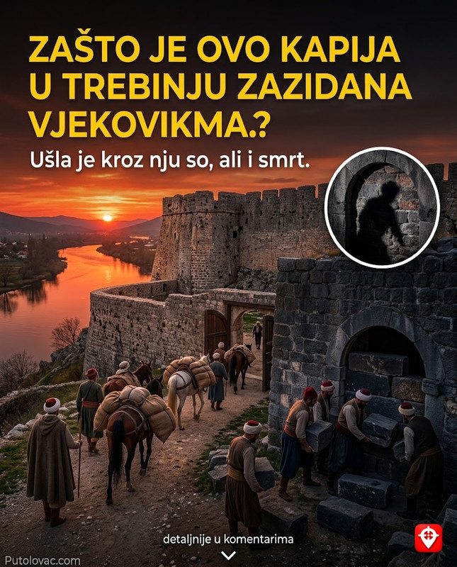 Trebinje, stari grad Kastel: Kapije kroz koje je prolazila so vrijednija od zlata, ali jedna kapija je zazidana jer je kroz nju ušlo nešto što nije smjelo. – Kastel je jezgro Trebinja iz otomanskog perioda. Trgovina solju bila je strogo kontrolisana. Zazidana kapija (Anđelkova kapija) postala je popularna kroz filmove, ali krije stariju priču o odbrani od kuge.