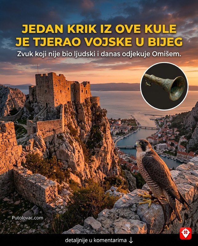Tvrđava Mirabela u Omišu: Gusarsko gnijezdo gdje je jedan krik bio dovoljan da uzbuni cijeli grad, ali taj krik nije bio ljudski. - Romanička kula iz 13. vijeka. Omiški gusari su je koristili kao osmatračnicu. Legenda kaže da su koristili dresirane sokolove ili specifične trube čiji je zvuk podsjećao na krik mitskih bića da bi uplašili neprijatelje.