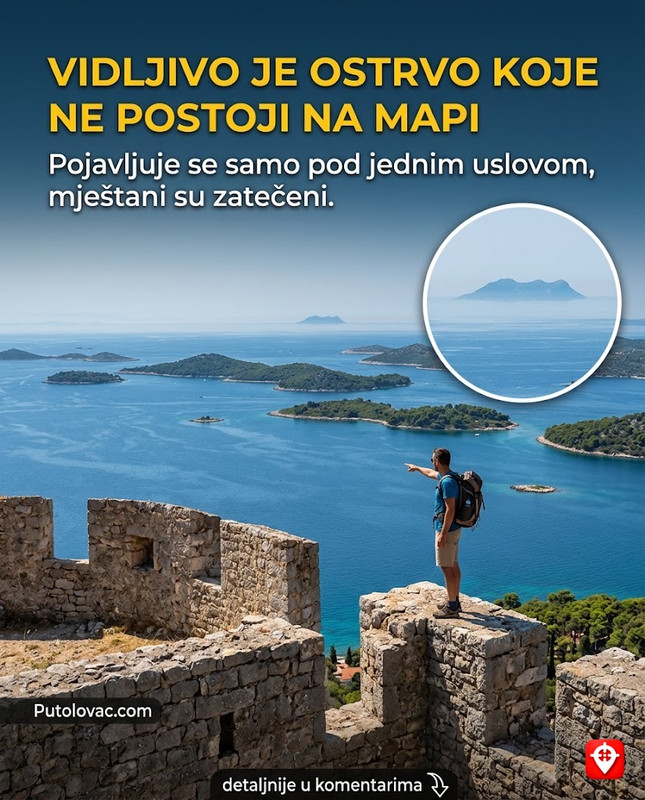 Tvrđava Sv. Mihovila na Ugljanu: Pogled na 100 ostrva, ali samo sa jednog mjesta na zidinama možete vidjeti ostrvo koje ne postoji na mapi. – Tvrđava iz 13. vijeka sa koje se vidi cijeli zadarski arhipelag. “Ostrvo koje ne postoji” je zapravo optička varka – fata morgana koja se javlja pri specifičnim atmosferskim uslovima iznad pučine.