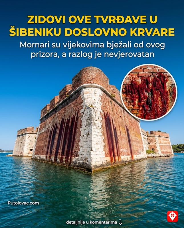 Tvrđava Sv. Nikole u Šibeniku: Pomorski stražar na ulazu u kanal, ali ako mu priđete sa morske strane, vidjećete da zidovi krvare. – Tvrđava na ulazu u kanal Sv. Ante građena je od opeke i kamena. “Krvarenje” zidova je pojava oksidacije željeznih elemenata ugrađenih u zidove i specifičnih crvenih algi koje se hvataju na ciglu blizu nivoa mora.