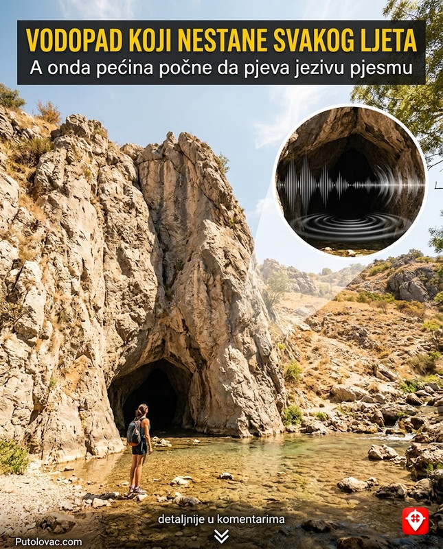 Vodopad Krčić u Kninu: Voda koja nestane svakog ljeta, ostavljajući iza sebe savršeno suvo korito i pećinu koja počinje da pjeva. – Krčić je rijeka koja se ulijeva u izvor Krke preko vodopada Topoljski buk. Ljeti rijeka presuši. “Pjevanje” pećine je zvuk vazduha koji pod pritiskom izlazi iz podzemnih kanala kroz koje voda ponire u dubinu.
