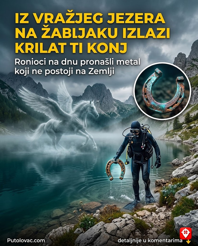 Vražje jezero na Žabljaku: Legenda o krilatom konju koji izlazi iz vode i odvodi djevojke, a ronioci su na dnu pronašli potkovice od nepoznatog metala. – Ledničko jezero na Durmitoru. Zbog temperature vode i dubine, jezero je opasno za kupače. Legenda o konju je opomena na virove. “Potkovice” su zapravo ostaci antičkog oružja koje je završilo u jezeru tokom vijekova.