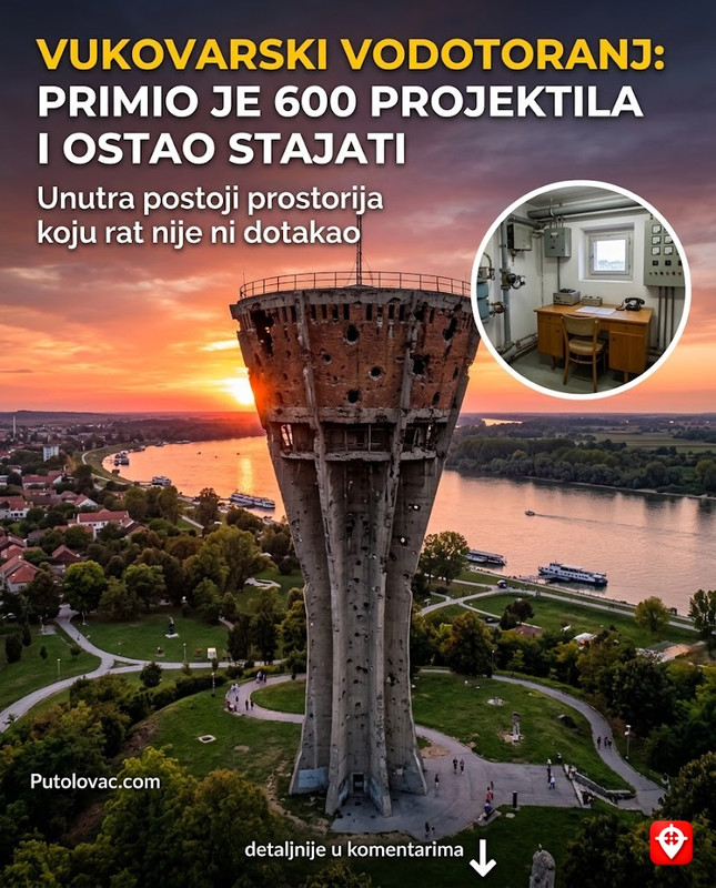 Vukovar, Vodotoranj: Simbol koji je primio 600 projektila i ostao da stoji, ali unutar njega postoji jedna prostorija koja je ostala netaknuta. – Vodotoranj je visok 50 metara. Nevjerovatno je da je unutrašnji rezervoar i jedna servisna prostorija ostala skoro bez oštećenja, što se smatralo čudom inženjerstva.