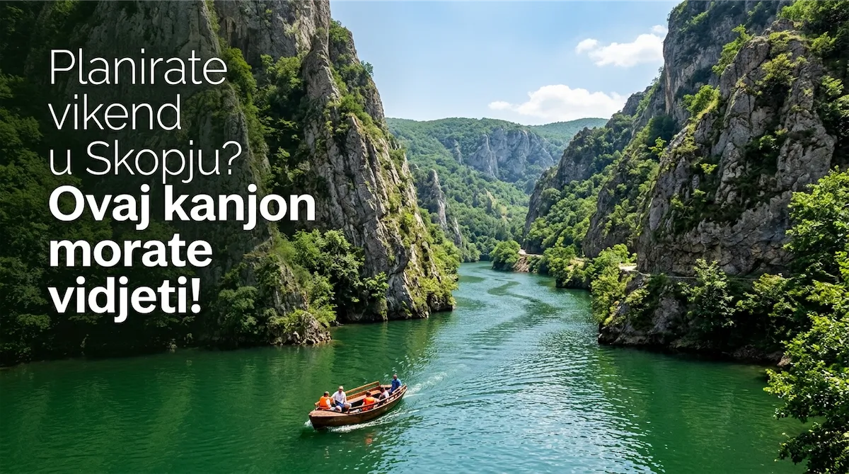 Pogled na kanjon Matka i brodicu na rijeci Treski u blizini Skopja